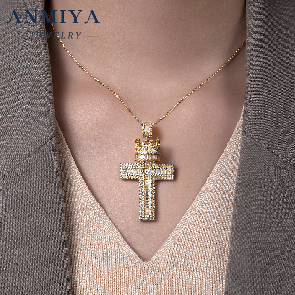Luxury 925 Silver Jewelry Cross Pendant Necklace with Crown Design and Zircon Inlay for Special Occasion