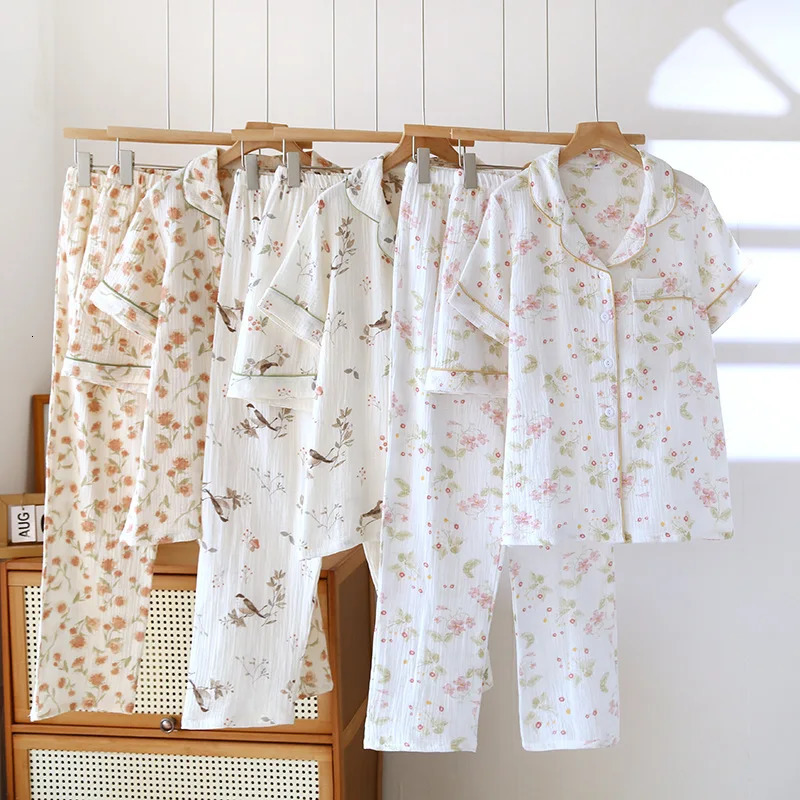 Wholesale Retail Cotton Gauze Three-piece Pajamas Womens Thin Short Sleeve Shorts Large Size Trousers Loungewear Set 250529