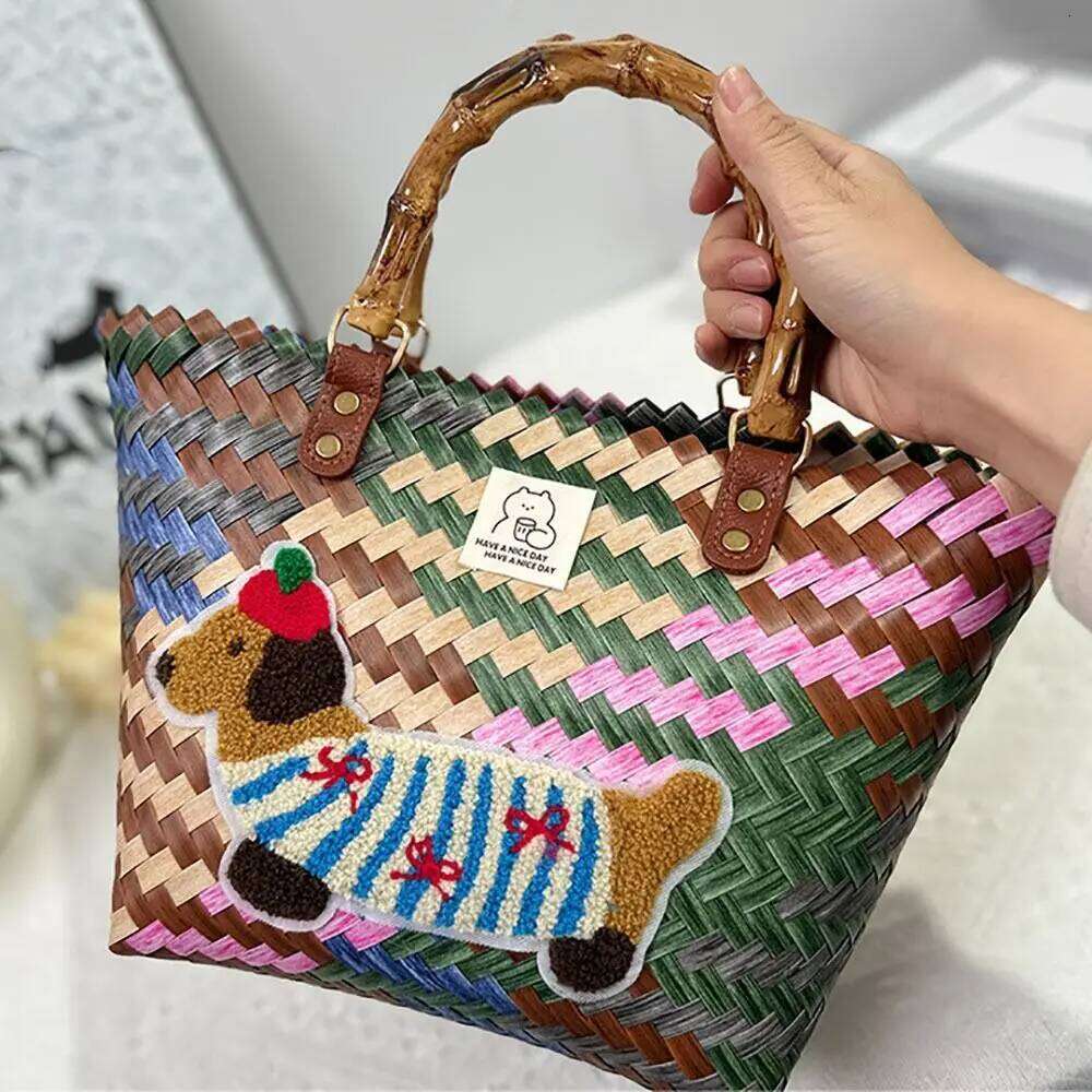 Women's Bags Designer Casual PP Handbags Stripe Woven Straw Bag Large Capacity Bamboo Handle Weaving Basket Female