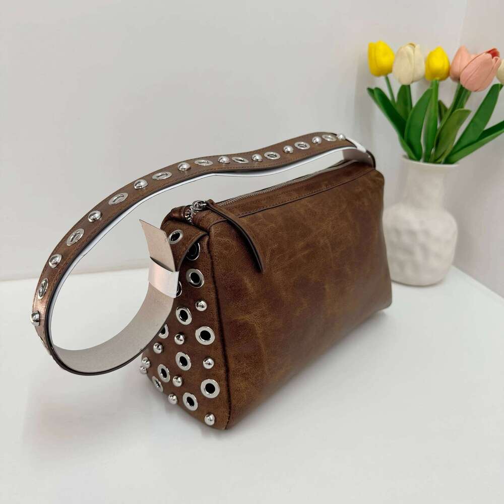 Women PU Eyelet Underarm Large Capacity Stylish Armpit Top Handle Motorcycle Style Shoulder Bag