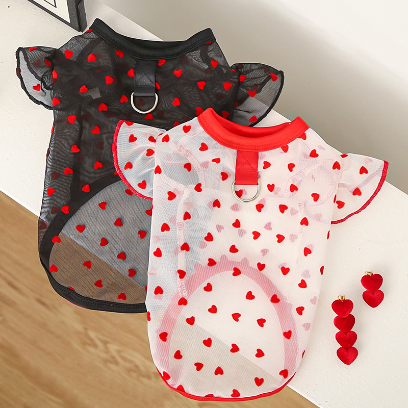 Pet Clothes Cat Summer Mesh Heart-shaped Vest Flying Sleeves Clothing Comfortable Clothes