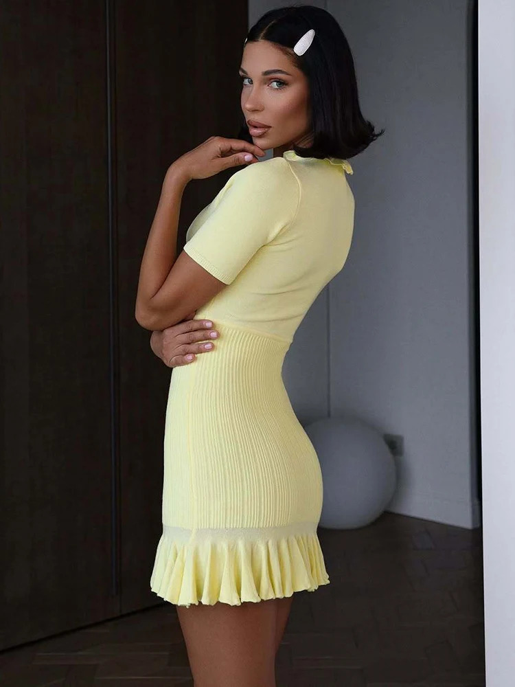 Blifanbo Summer Short Sleeve Ruffle Knit Mini Dress Women Pullovers Elegant Hollow Out High Waist Club Party Sweater Dress 250604