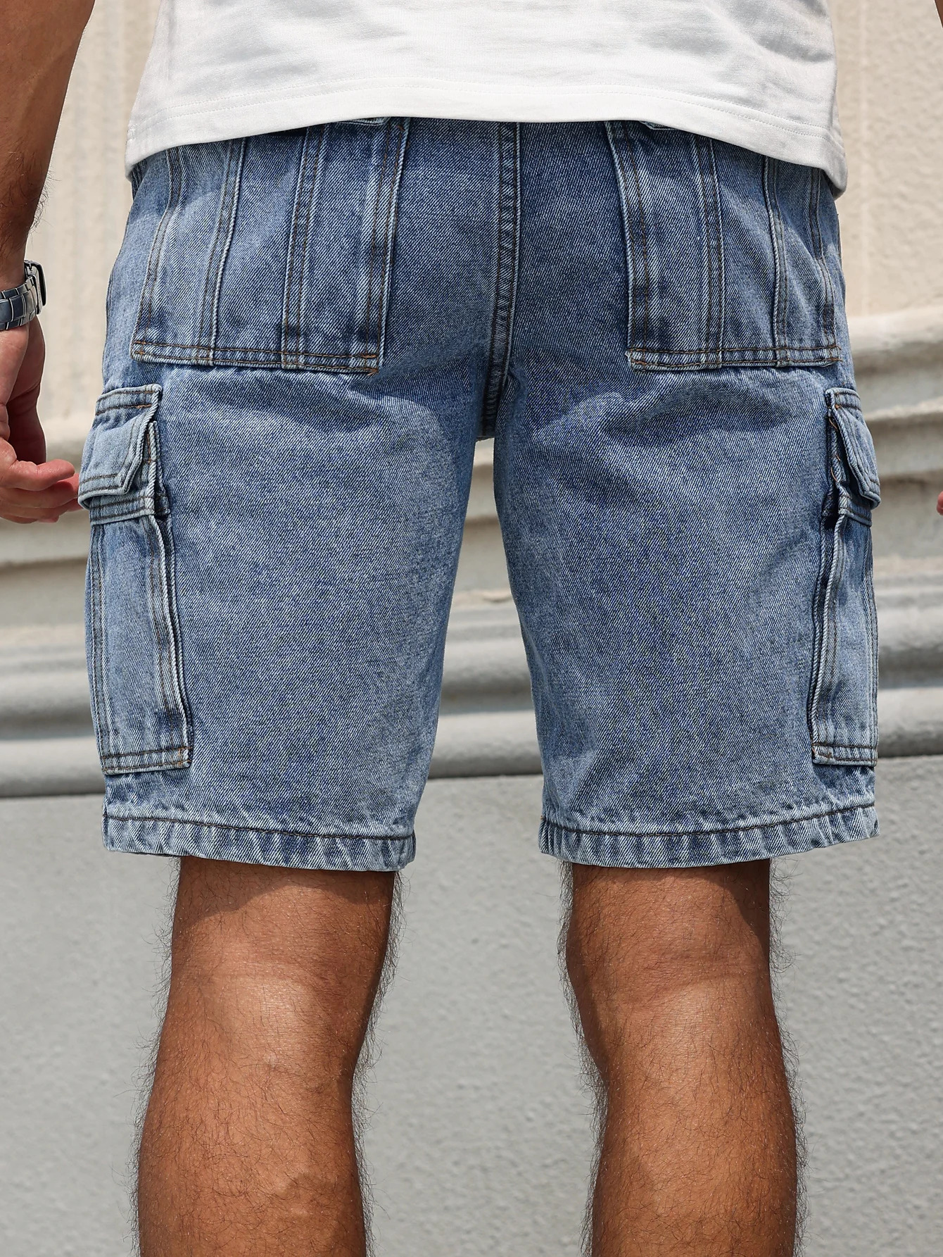 Mens summer blue regular denim shorts. Multi-pocket . Stylish and casual. 250604
