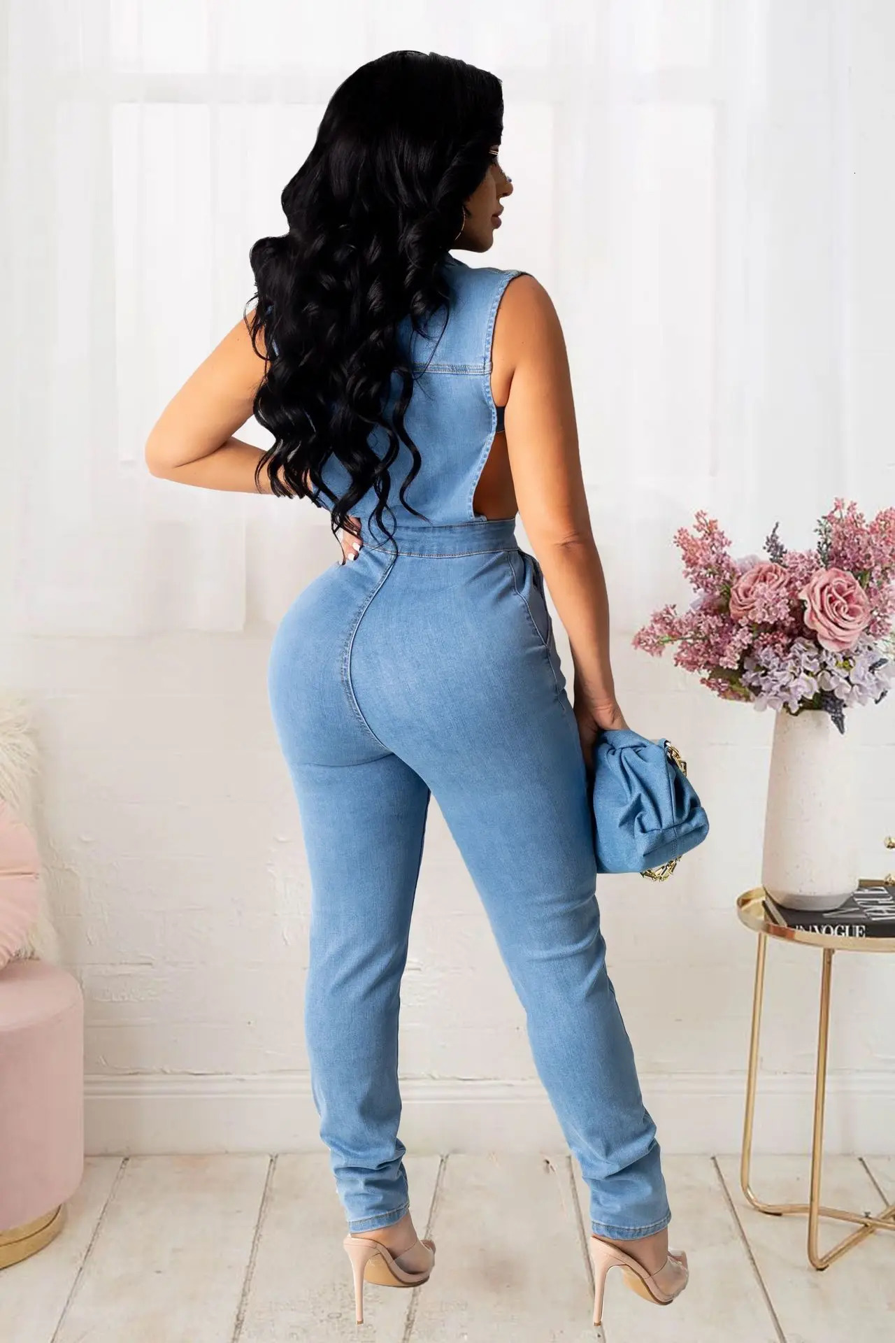 Hollow Denim Ankle Length Pants Women Overalls Spliced Washed Pencil Jeans Vintage Skinny Jean One Piece Button Sexy 250604