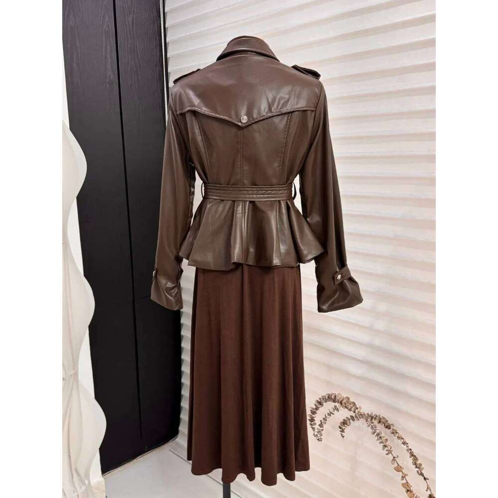 Autumn New Lapel High Waist Cool Girl Short Leather Women's Slim Fit Double Breasted Long Sleeve Motorcycle Jacket