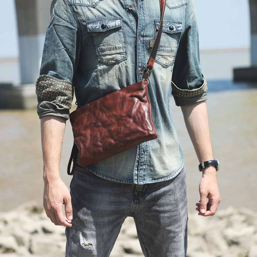 Genuine Men's Casual Shoulder Clutch Fashion Cowhide Chest Bag Vegetable-Tanned Leather Hand Coloring 2025/06/05