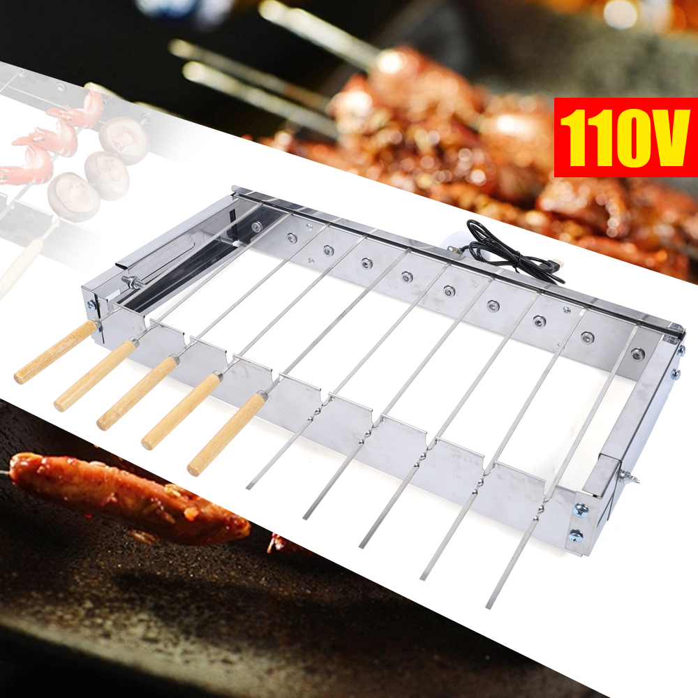 10 Holes Automatic Rotating Skewer Turner, Outdoors Portable Automatic BBQ Flipping Rotating Rotisserie Grill Skewer Shelf, Stainless Steel Adjusted W