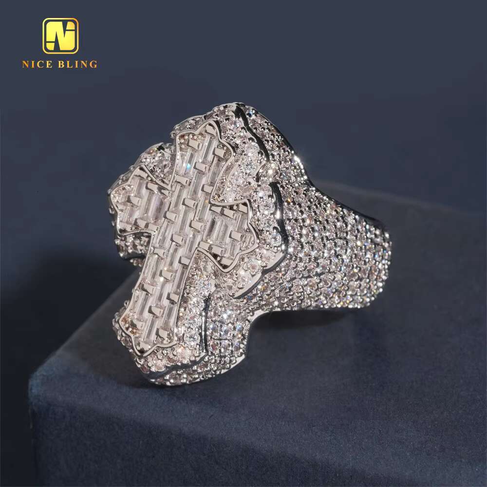 Fashion Jewelry Ring Baguette Hip Hop Brass 5A Cubic Moissanite Full Diamond Iced Out Jewelry Cross Rapper Ring for Men