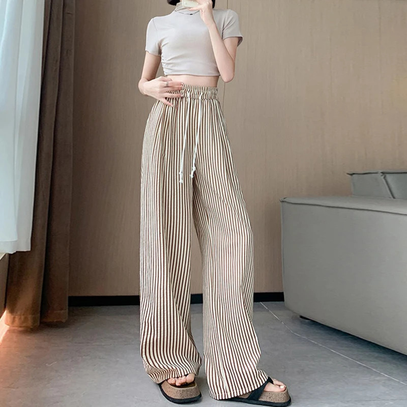 Vertical Stripe Drawstring High Waisted Straight Wide Leg Long Pants Clothes Vintage Casual Women Summer Trousers OL Trend 250604
