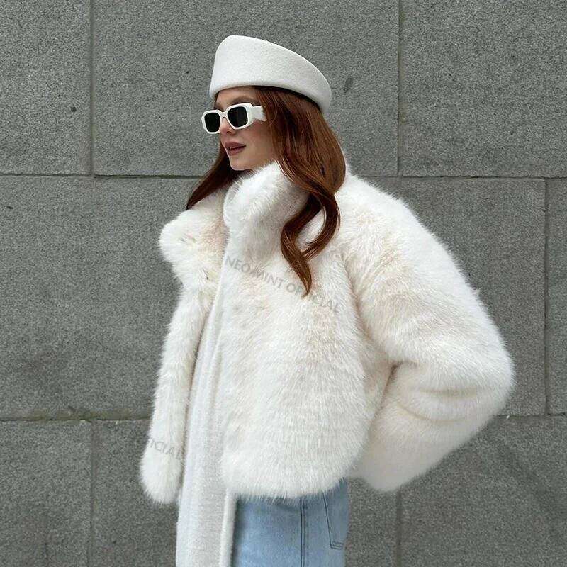 Neo Mint 2024 Winter Women Yellow Faux Jacket Chic Girls Fashion Streetwear Thicken Warm Stand Collar Fox Fur Coat Outerwear