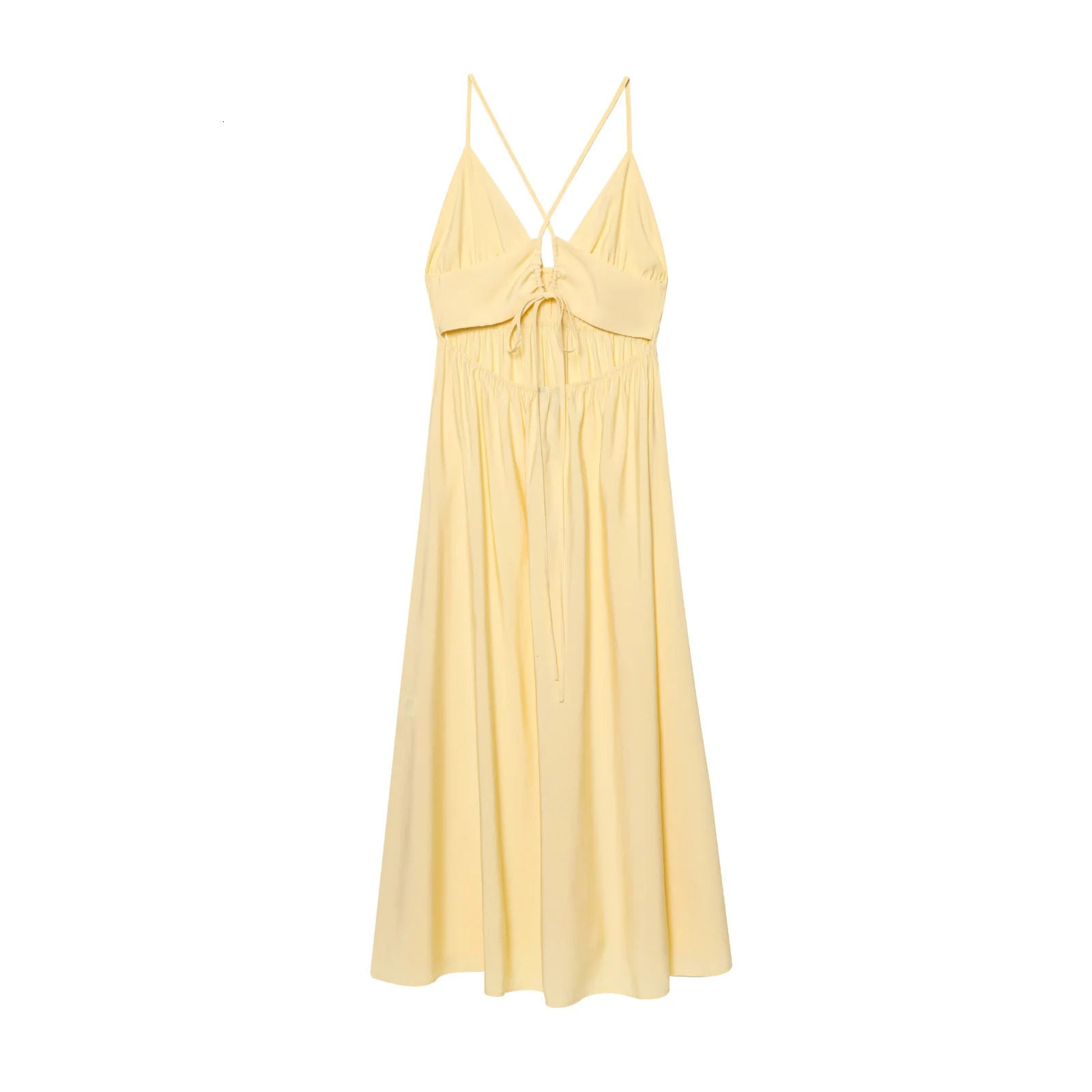 TRAFZA Woman Yellow Dress For Beach Party Midi Women Strapless Backless Drawstring Pleated Dresses Summer Vestidos 250604