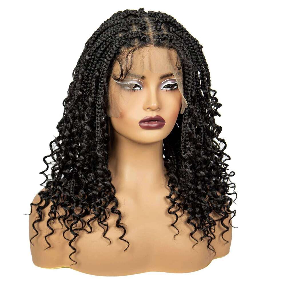 Knotless Box with Curly Ends Synthetic Full Lace Short Boho Braided Bob Wigs for Black Women