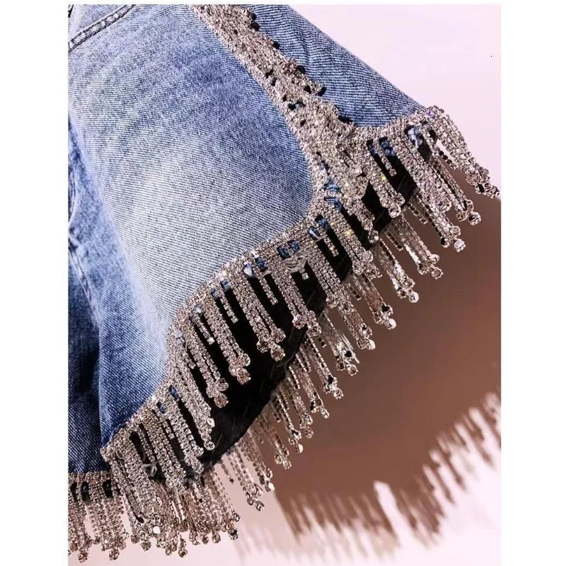 Sexy Women Rhinestones Fringed High Waist Drilling Denim Shorts Diamonds Tassels Jeans Pants Chic Crystal Short Trousers 250604