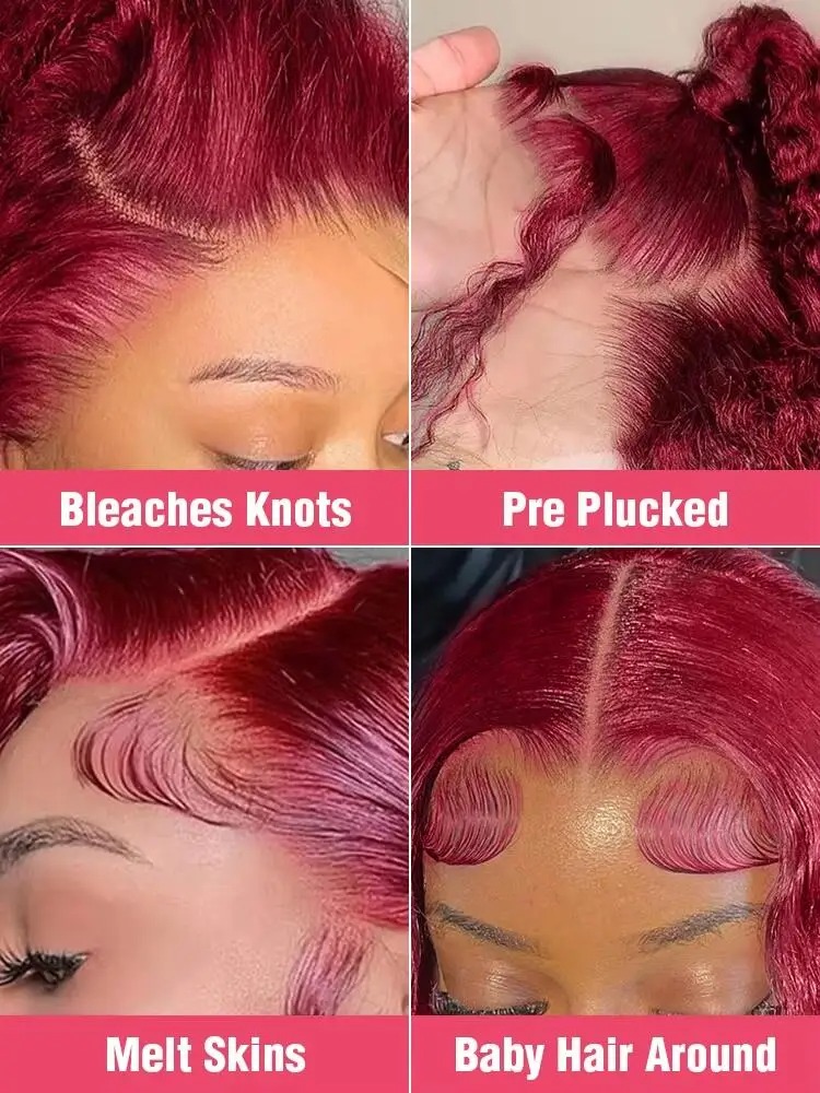 99J Burgundy Lace Frontal Wig 13x6 Body Wave Lace Front Wig HD Transparent Lace Frontal Wig Human Hair Pre Plucked 99j Red Color Synthetic