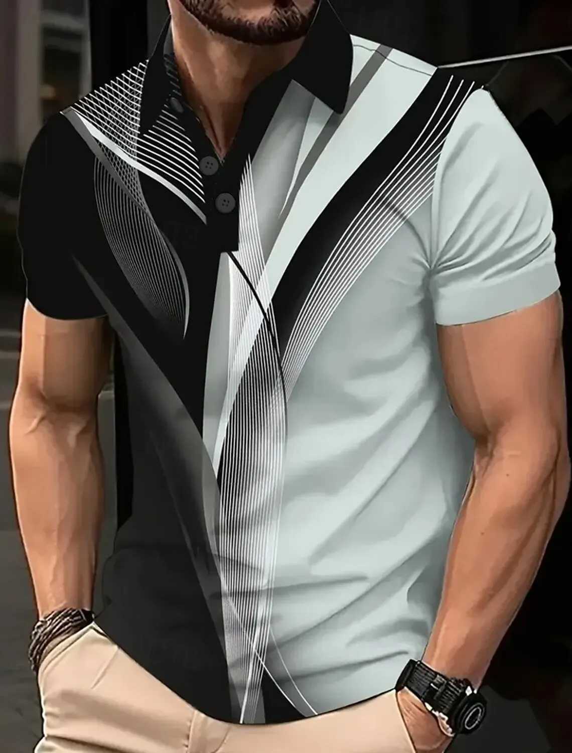 Mens Summer Geometric Line Polo Short Sleeve Polo Shirts Collared Shirts Business Casual School Outdoor Daily Wear 3D PrintXJ250605