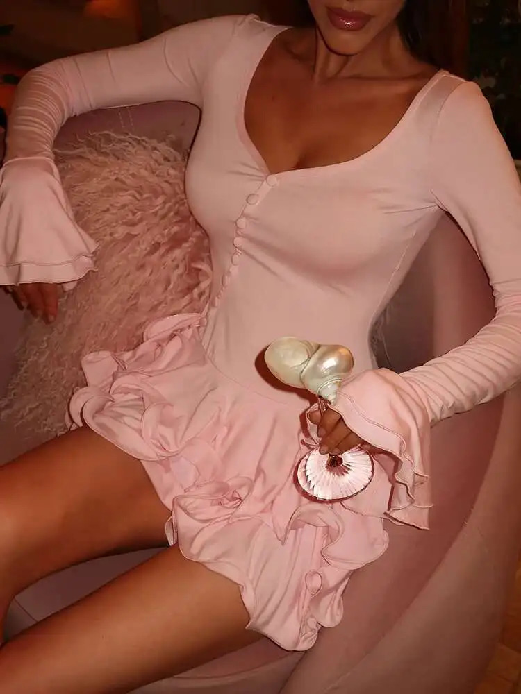 Blifanbo Flare Sleeve Ruffle Sexy V Neck Mini Dress Women Robe Irregular Singlebreasted High Waist Slim Aline Club Dress 250604