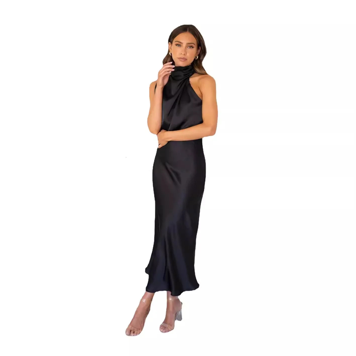 Summer High-End Silk Satin Sleeveless Long Dress Women Fashion Elegant Celebrity Dresses Evening Dress Party Clothes Ladies 250604