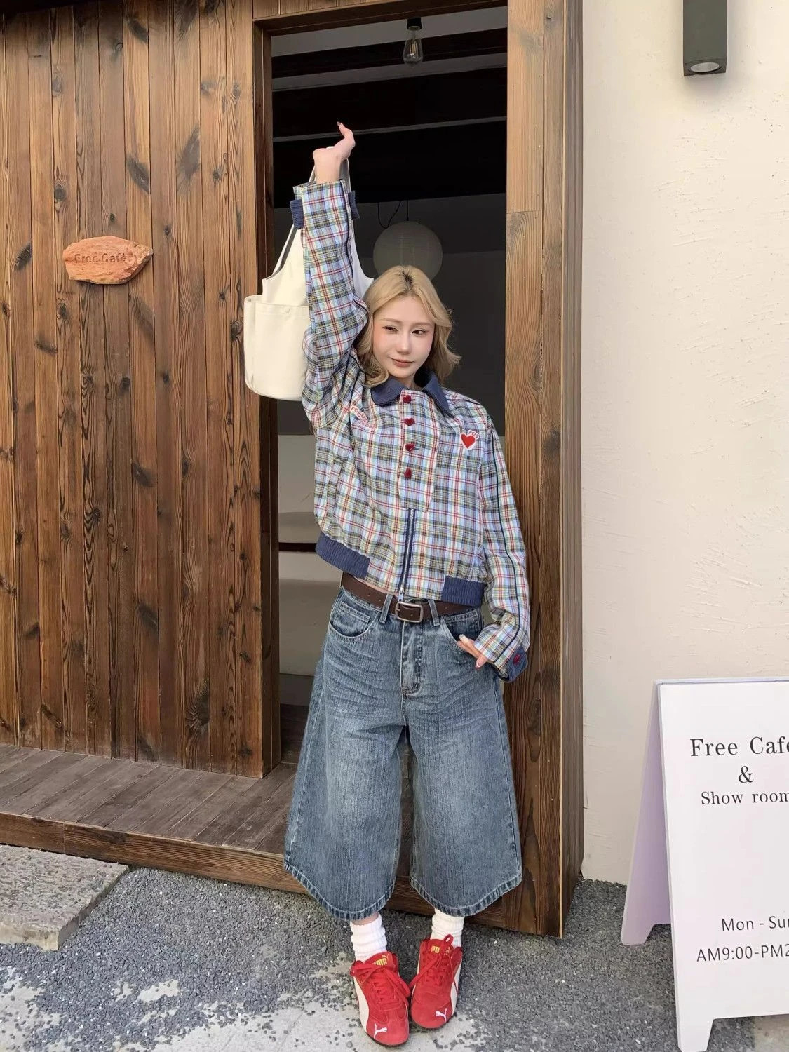 American retro plaid pocket wideleg short jeans for women loose and casual straight high waist slimming men pants 250604