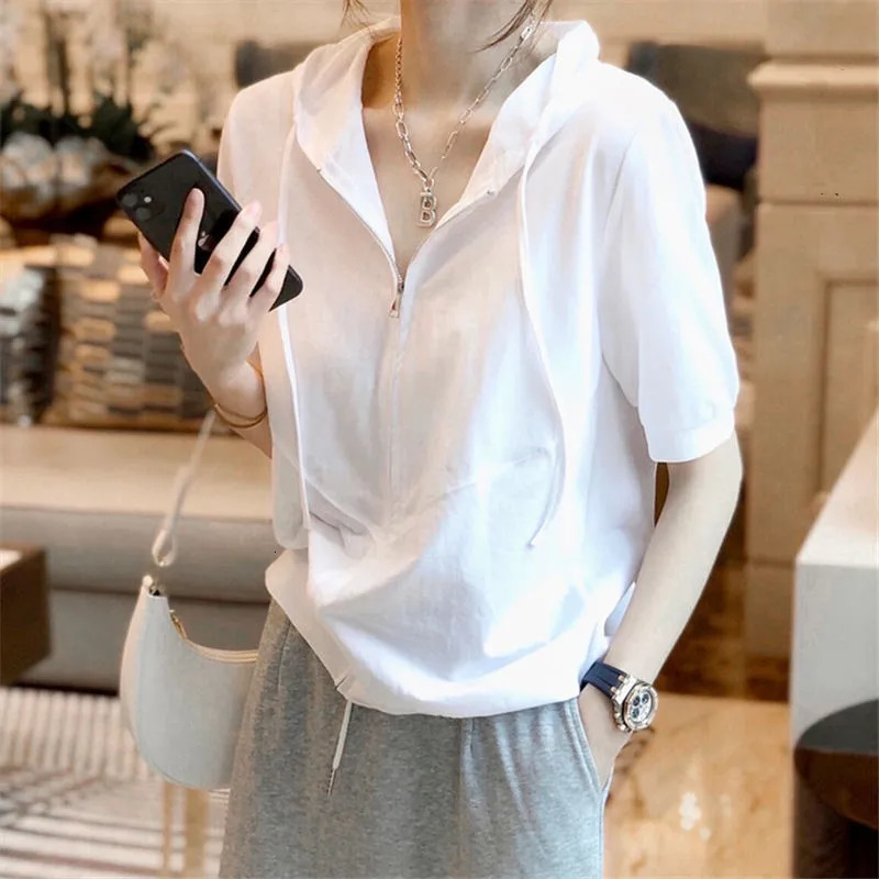 Y2K Women Short Sleeve Hoodies Summer Zipper Fashion Female Streetwear T Shirts Korean Casual All Match Student White Tops 250604