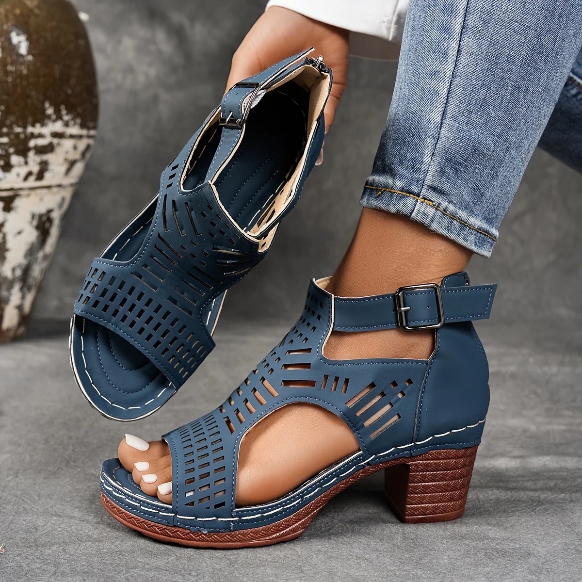 Ladies Non Slip Summer Sandals with Open Toe Zipper Closure Polyester Upper Layer Party Shoes Platform Heel Sandals 250605
