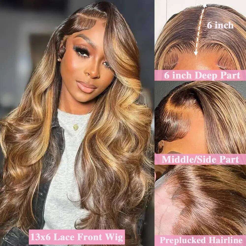 Highlight 100% Human Hair Ombre Brown Frontal Brazilian Bleached Wigs Woman Honey Blond Body Wave Lace Front Wig