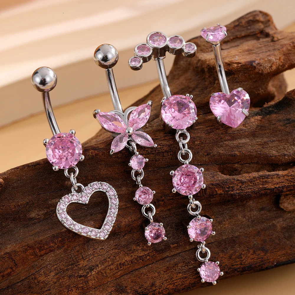 Butterfly Heart-shaped Belly Button Ring Sets Stainless Steel CZ Belly Rings Piercing Ombligo 14G Pink Zircon Navel Piercings 250530