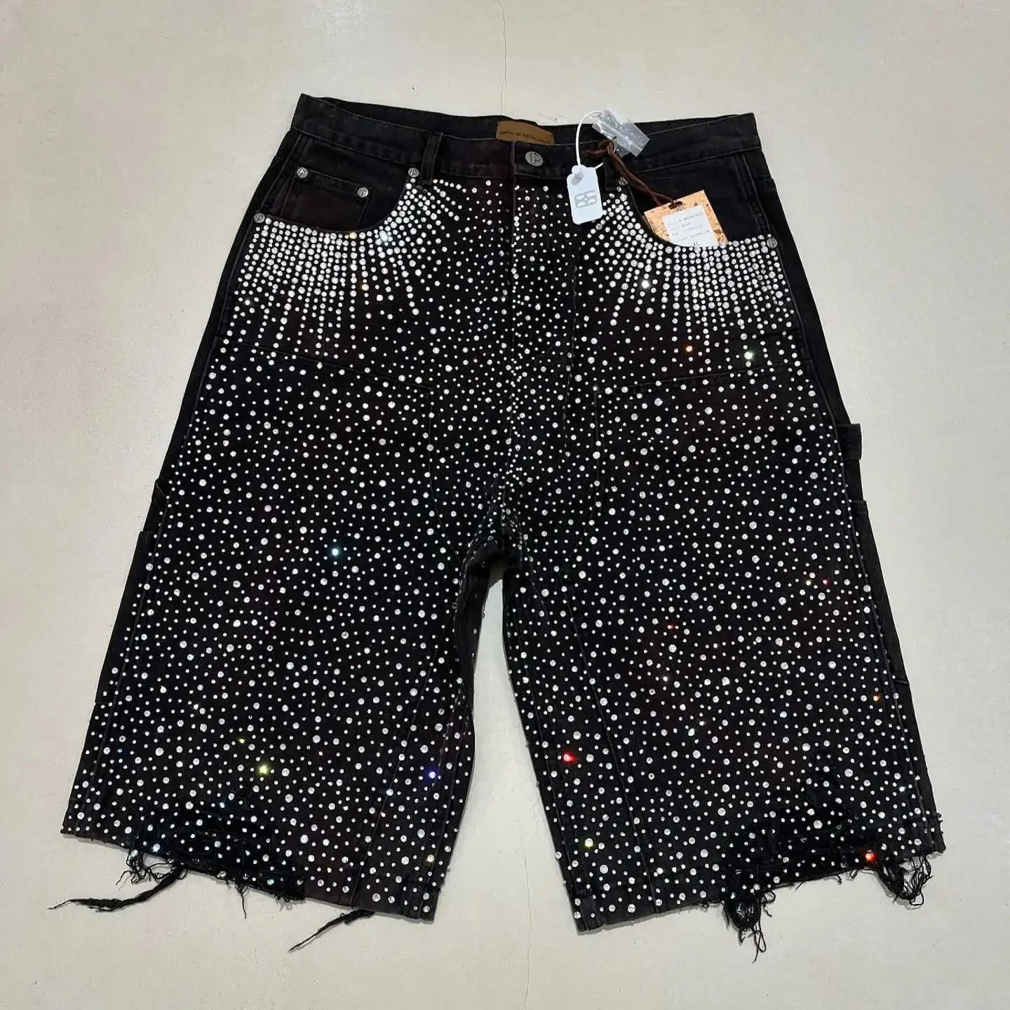 Vintage Denim Shorts Y2K Jeans Men Women Hiphop Rhinestone Sequins Glitter Baggy Short Low Rise Over The Knee Pants Casual Short 250604