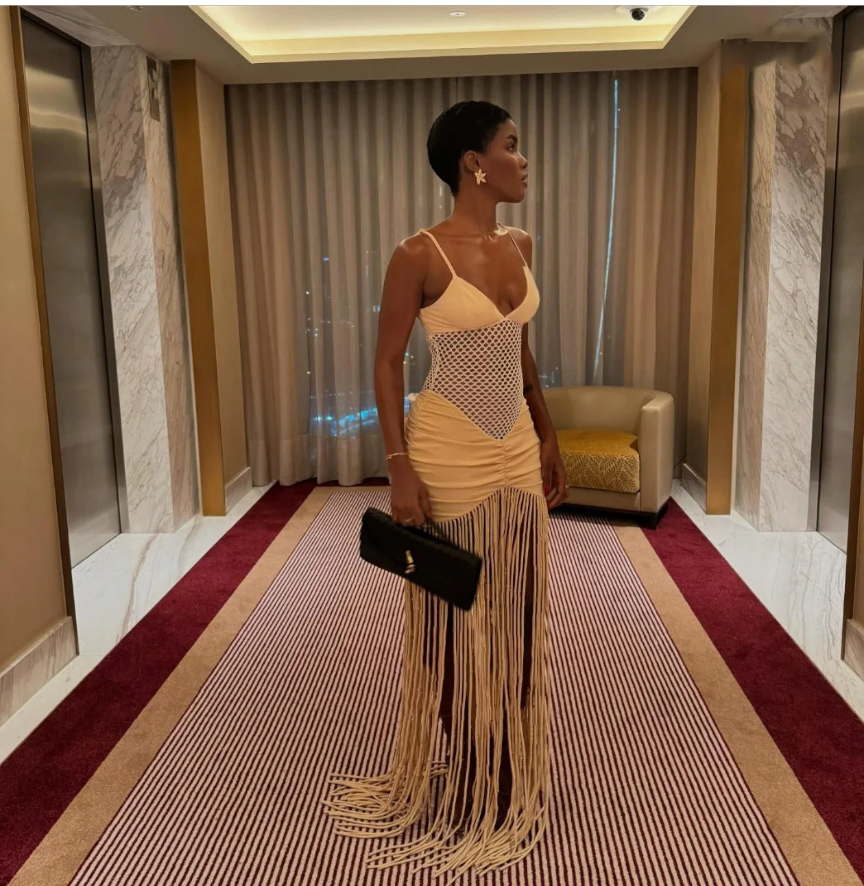 VEITCHE Summer Sexy Hollow Out OffShoulder Mesh Wrap Women Long Dress Pleats Hem Tassel Slim Fit Beach Party Dress 250604