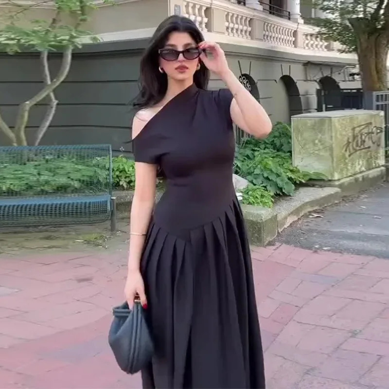 Summer Womens Dress Sexy Inclined Shoulder Front Slit Ruched Long Female Solid Slim Party Clubwear Dresses 250604