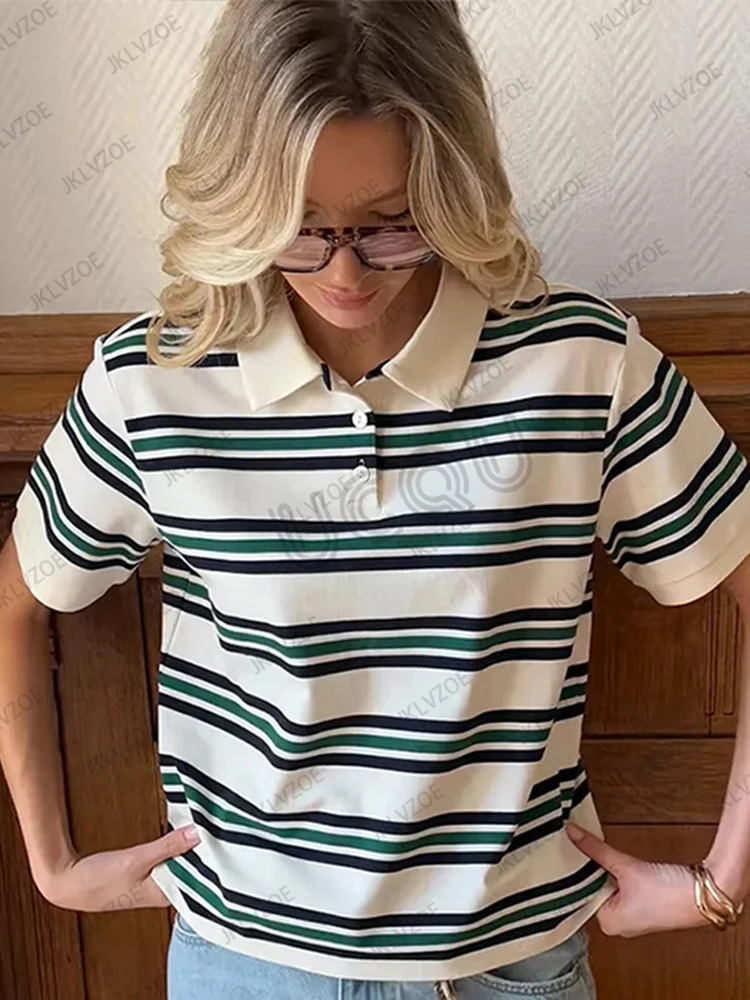 Summer Casual Striped Polo Shirt Vintage Short Sleeve Lapel Tops Fashion Oversized Loose Streetwear Y2K Tees 250604