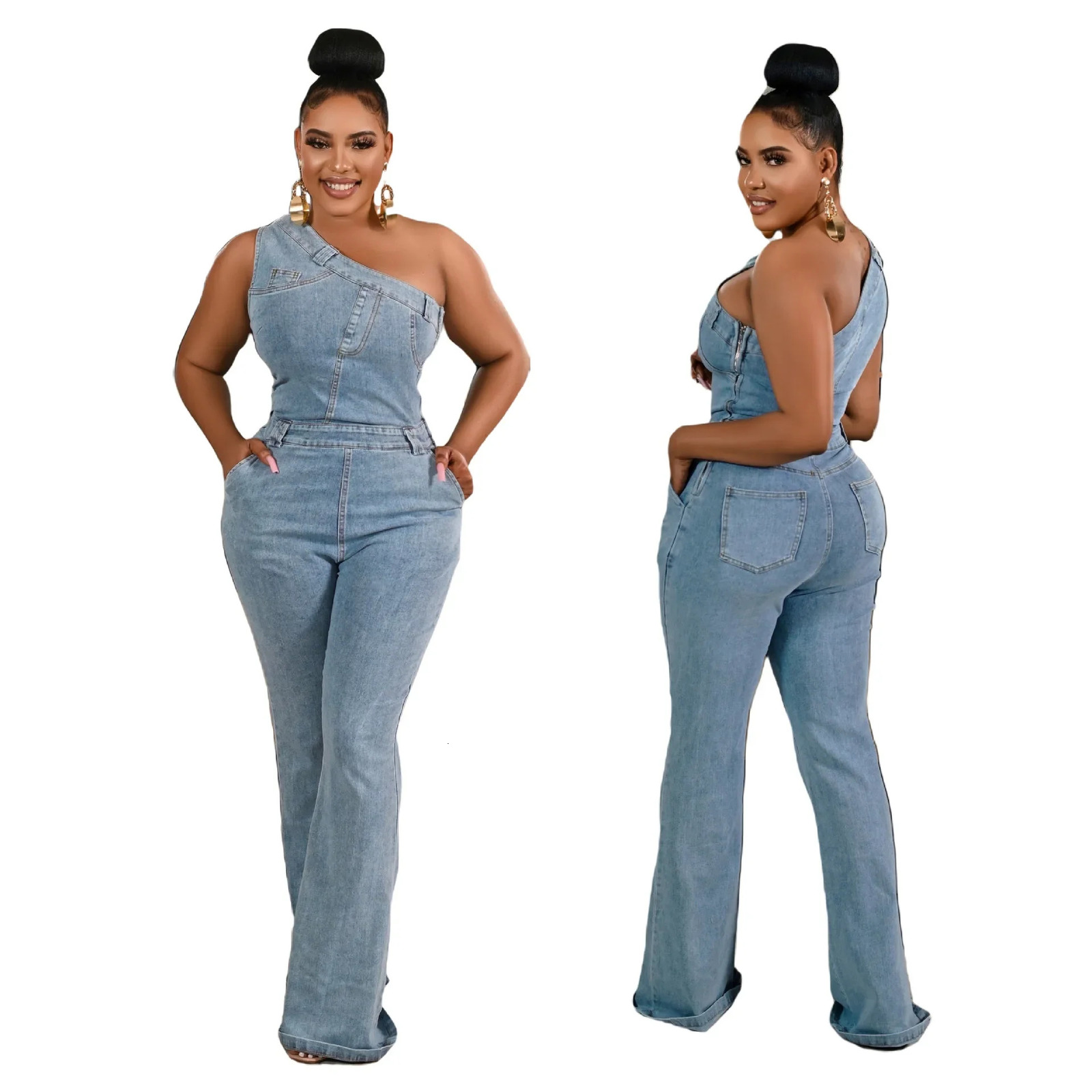 Flare Denim Pants Full Length Women Jeans One Piece Overalls Spliced Solid Jumpsuits Loose Pockets High Waist Basics Washed 250604