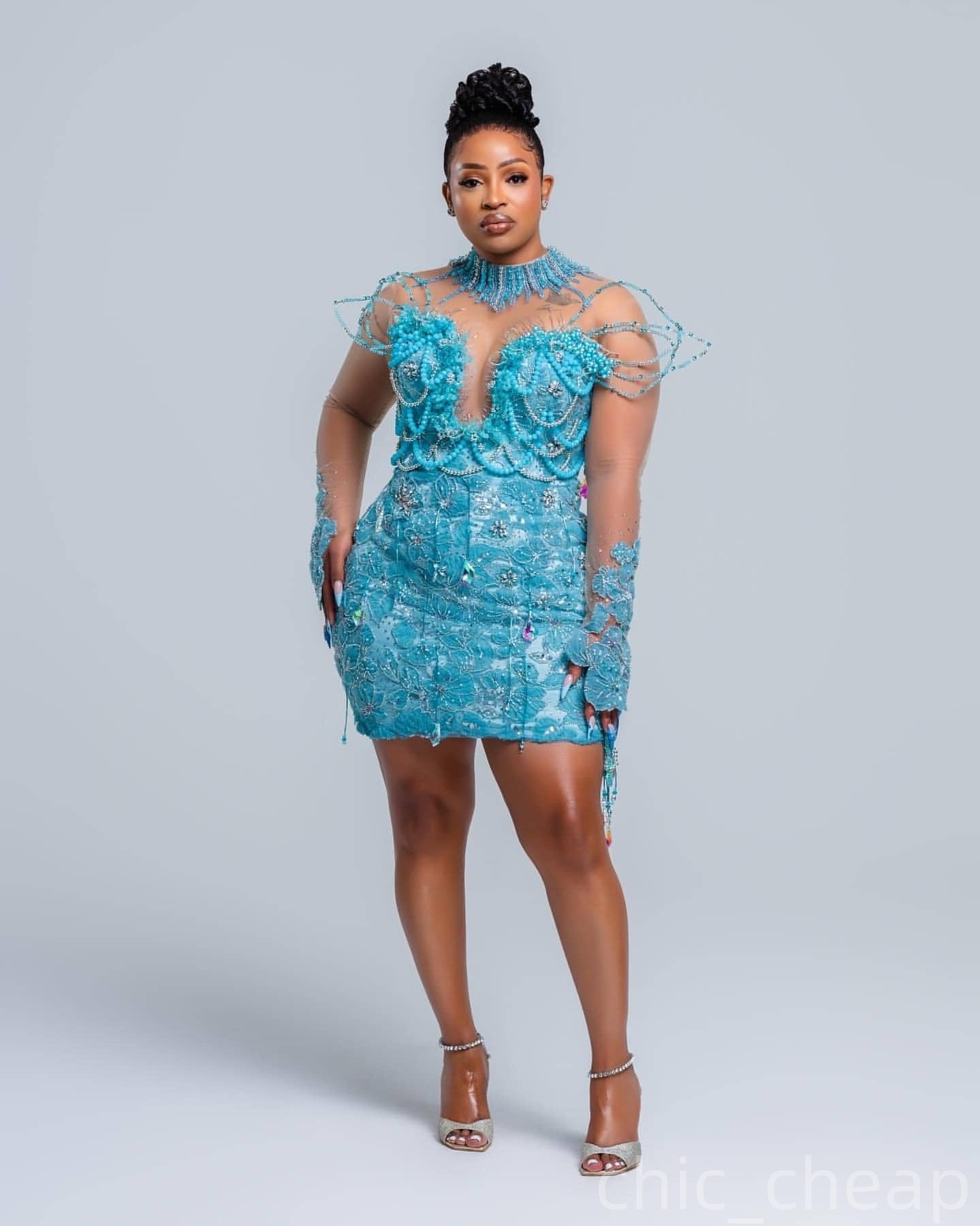 Sky Blue Sheath Cocktail Dress Pearls Crystals Floral Lace Full Sleeves Short Mini Graduation Homecoming Dresses For Special Occasions Sweetheart Gown