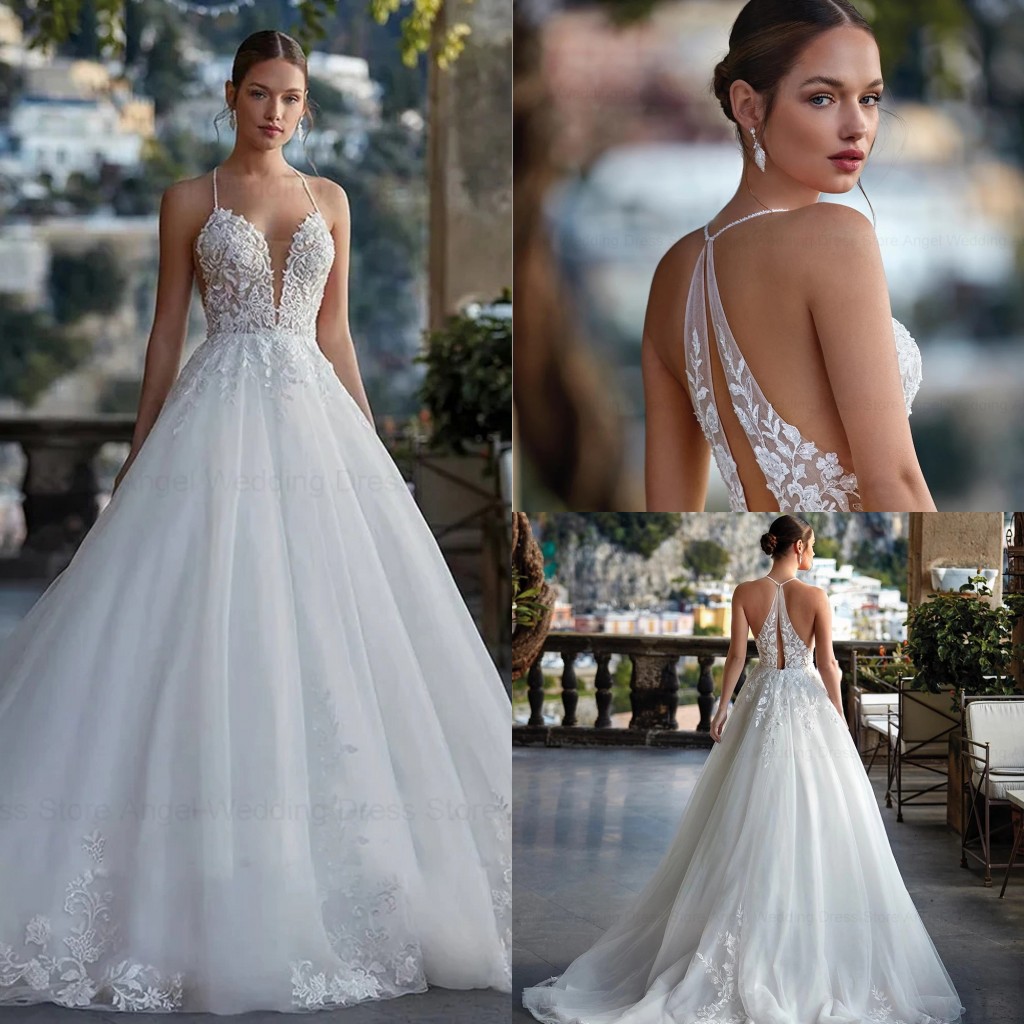 2025 Elegant A-Line Wedding Dress Sweetherat Backless Straps Beads Lace Appliques Women Tulle Bride Bridal Gowns Vestidos De Novia