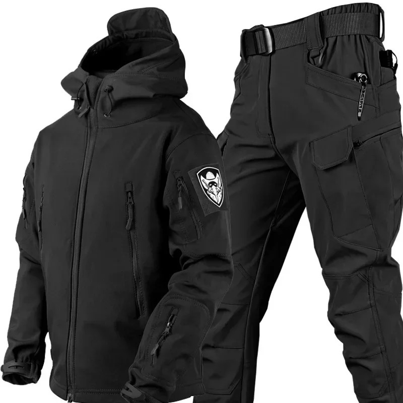 Winter Thicken Men Camo Suit Waterproof Tactical Training Set Multipocket Hooded Jacket Fleece Pants Outdoor Hunting 2piece 250604