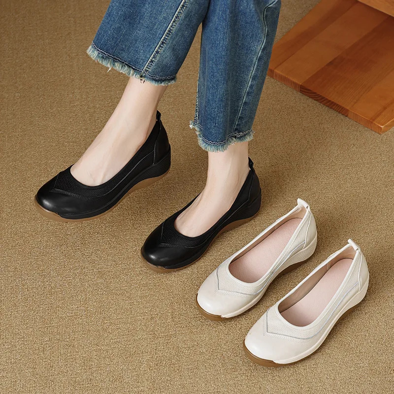 Women Soft Leather Loafers Thick Soled Lazy Sponge Cake Shoes Womens Round Toe Single Shoes Breathable Lightweight White Shoes 250603