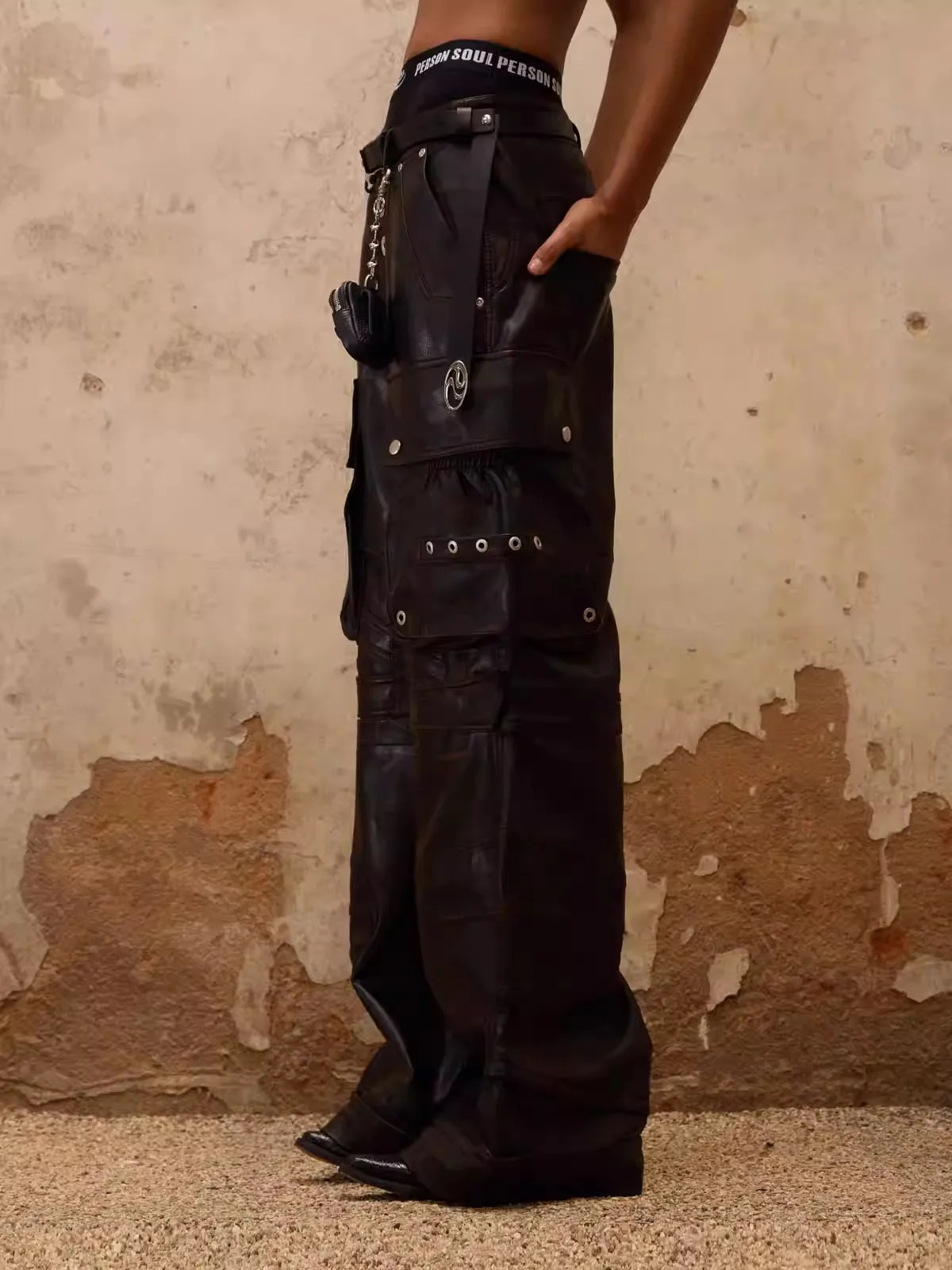 Lautaro Spring Autumn Cool Baggy Distressed Pu Leather Wide Leg Cargo Pants for Women y ner Emo Punk style Clothing 250604