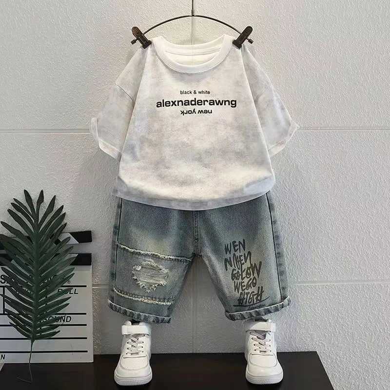 New Summer Boy Clothing New Childrens Clothes Set Boys Short Sleeve T-Shirt+Jeans Shorts 2 Piece Set Kids 1-8T Sportswear Suit R250605