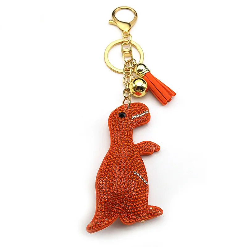 Two Kawaii Dinosaur Animal Keychain Women Men Orange Green Color Rhinestone Tassel Female Charm Bag Decoration Key Ring Jewelry 250605