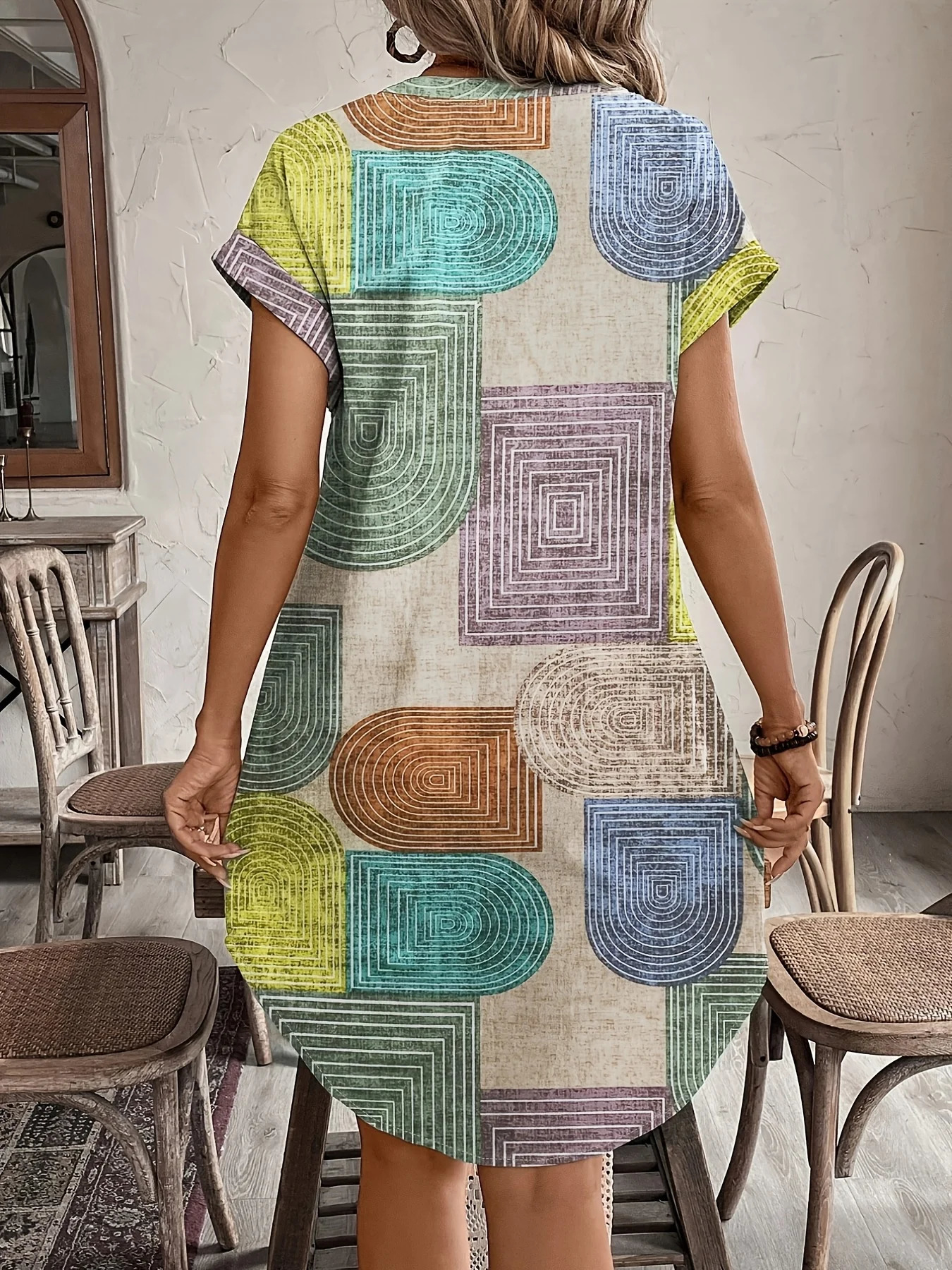 Womens Elegant VNeck ButtonUp Dress Summer Geometric Print Comfortable Fashionable 250604