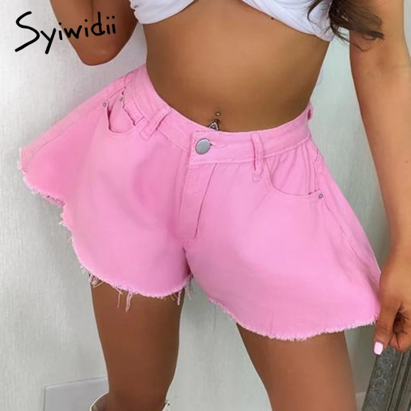 Syiwidii Casual Burr Edge Denim Shorts for Women High Waist A Line Wide Leg Short Pants Summer Sexy Ladies Streetwear 250604