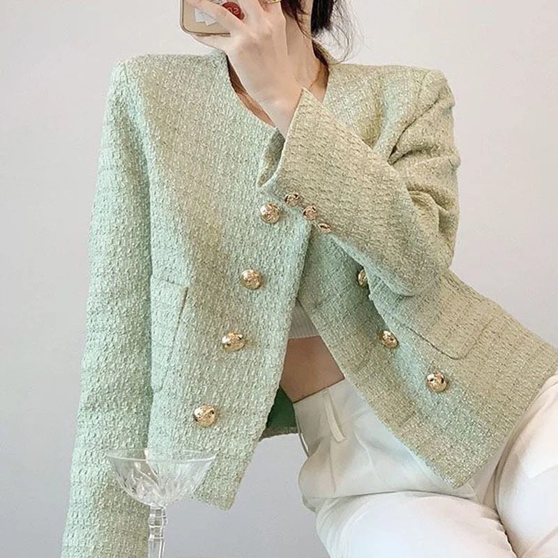 Spring and Autumn Fashion French Celebrity Double Breasted Small Fragrant Coat Versatile Western Short Womens Long Sleeved Top 250530