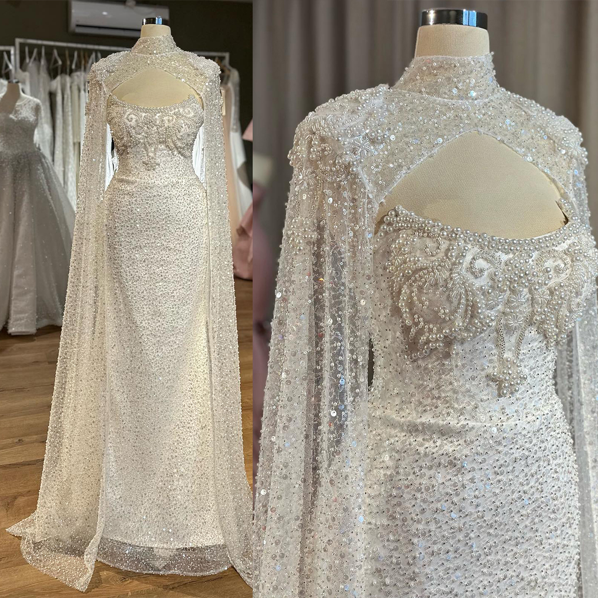 Luxury Pearl Beaded Mermaid Wedding Dresses with Cape Sexy Strapless Bridal Gowns Elegant Sequined Tulle Bride Dresses Second Birthday Engagement Gown