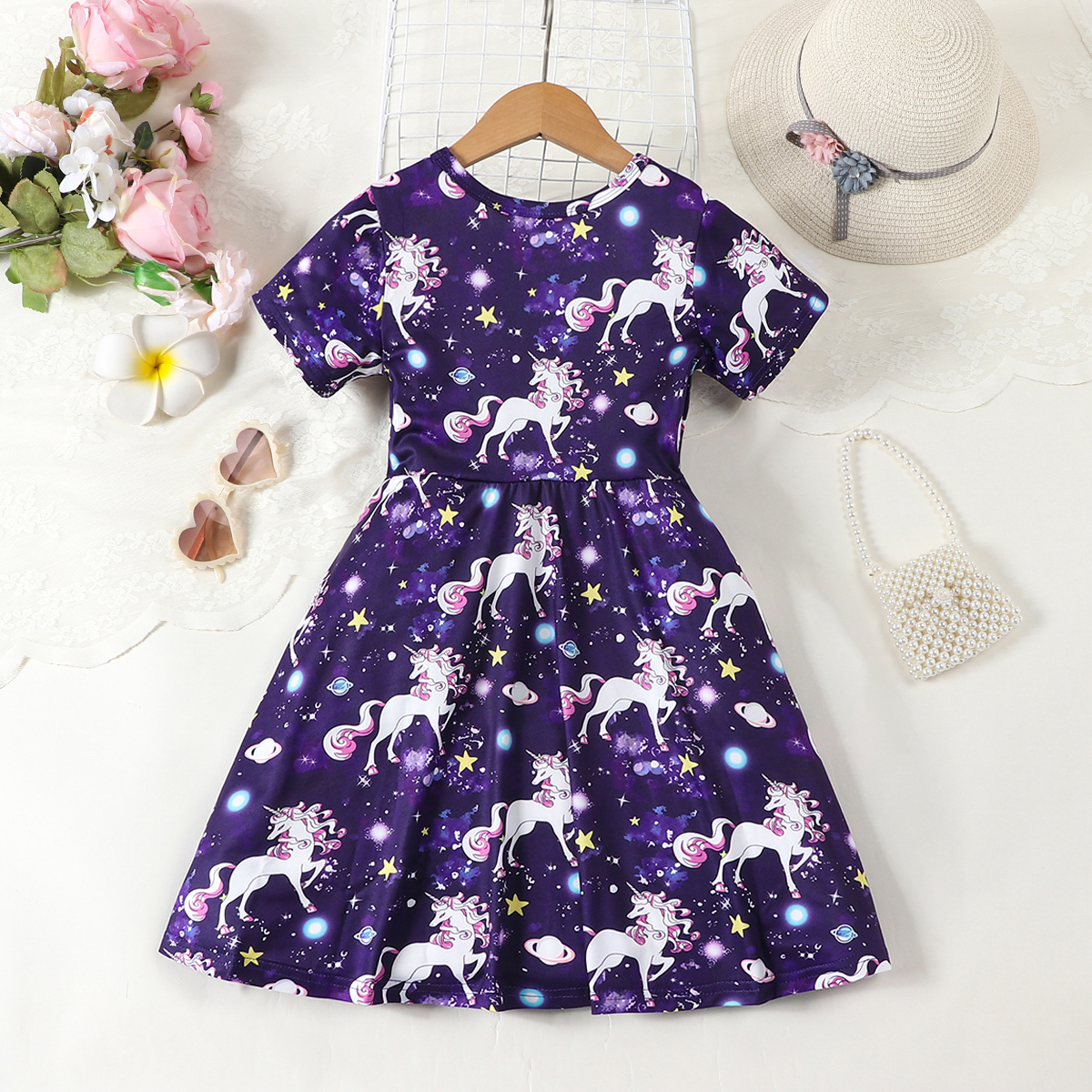 Summer Girl Cute Exclusive Beast Starry Sky Purple Full Print Round Neck Short Sleeve Waist Casual Dress for Baby Girls Cute Casual Fashion Dress Rand