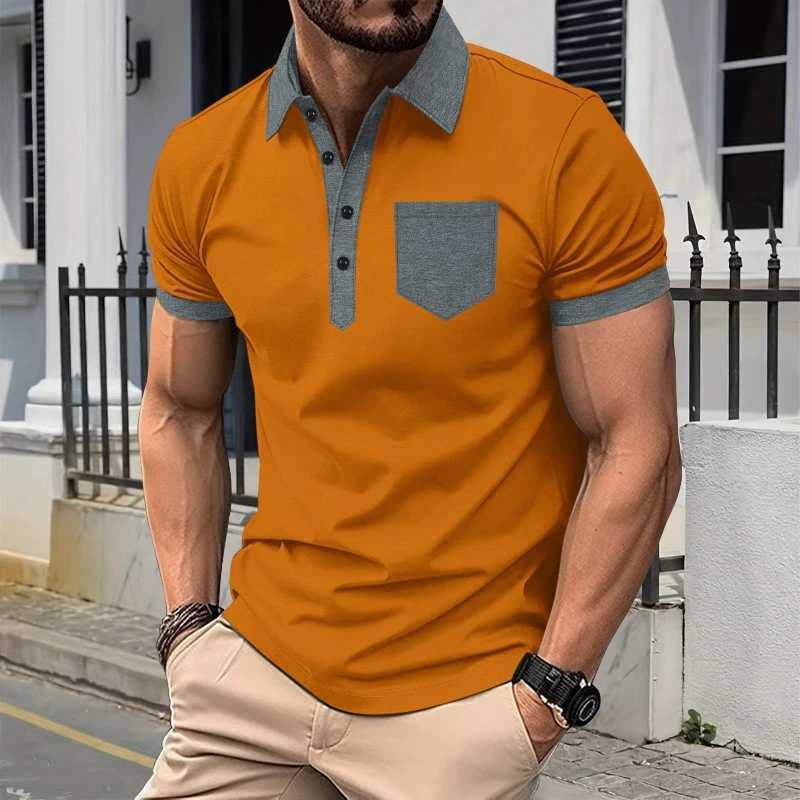 2025 New Cross-border Mens Casual POLO Shirt with Chest Pocket Lapel Button Color Block T-shirt Top XJ250605