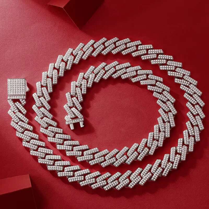 DE 14MM Cuban Necklace Two Rows Iced Out Moissanite Cuban Chain Hip Hop Men Women Chain 925 Sterling Silver Moissanite Necklaces