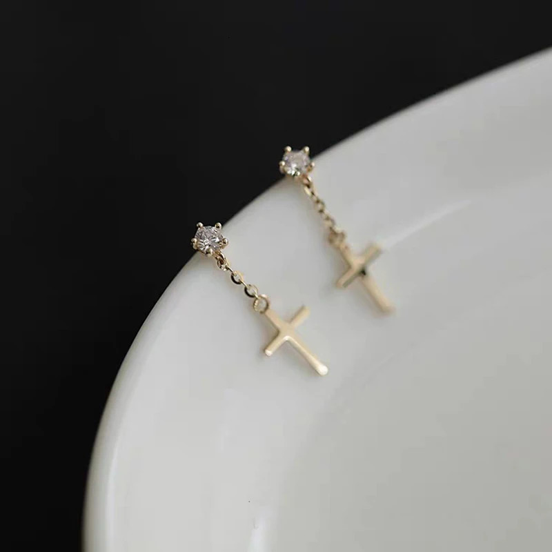 WOOZU 925 Sterling Silver 14k Gold Plated Zircon Cross Tassel Stud Earrings for Women Punk Gothic Birthday Jewelry Gift 250604
