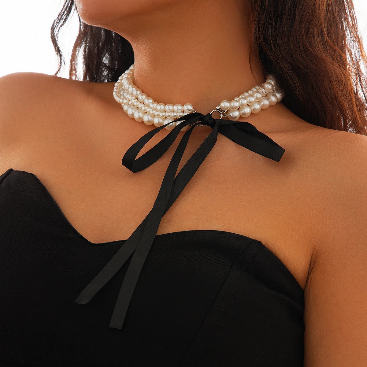 Ingemark Elegant Multilayer Pearl Chain Necklace Women Long Black Velvet Ribbon Bow Choker Wed Bridal Banquet Jewelry 250604