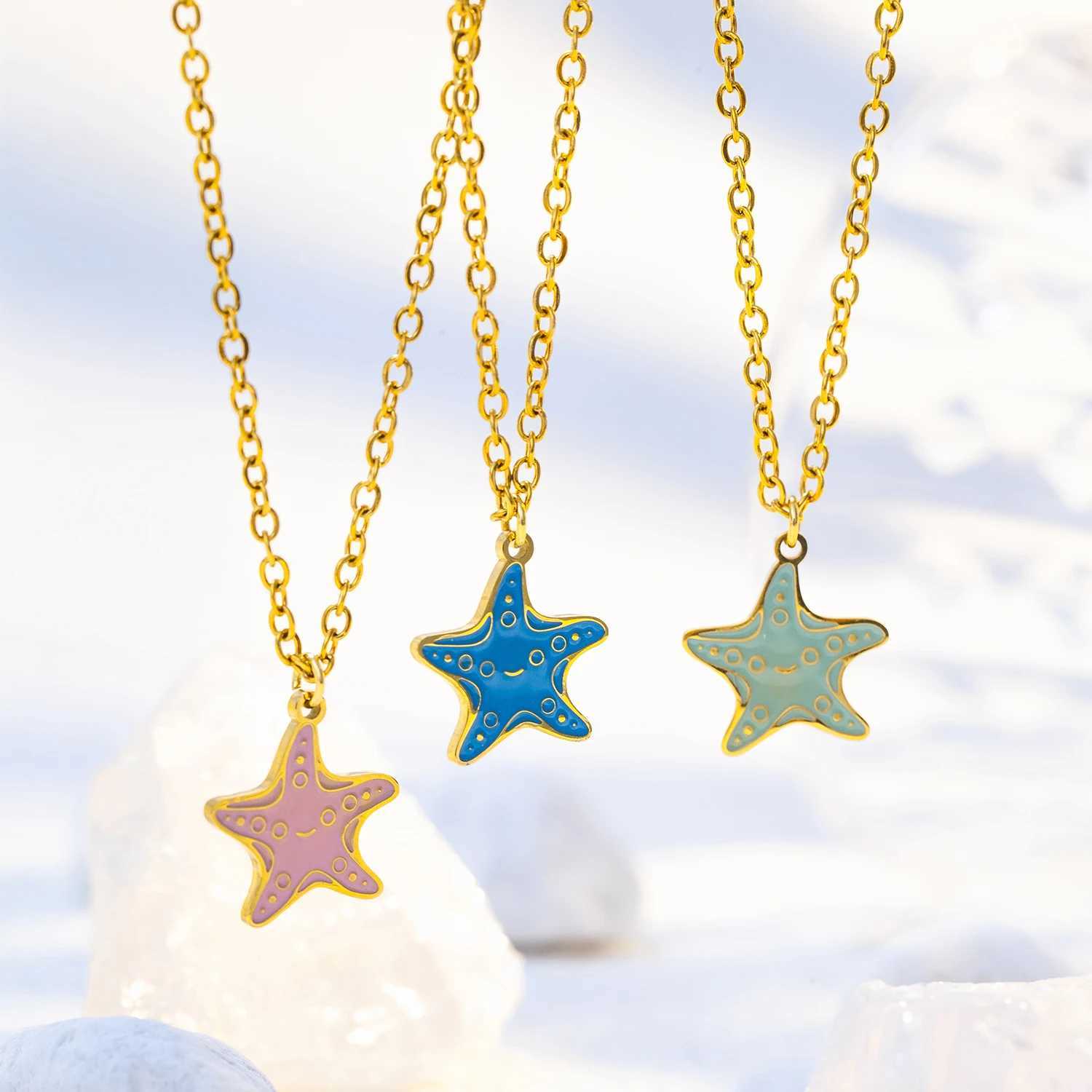 Blue Starfish Pendant Necklace for Women Polished Stainless Steel Delicate Jewelry Compact Elegant Design Perfect Gift for Her XJ250604