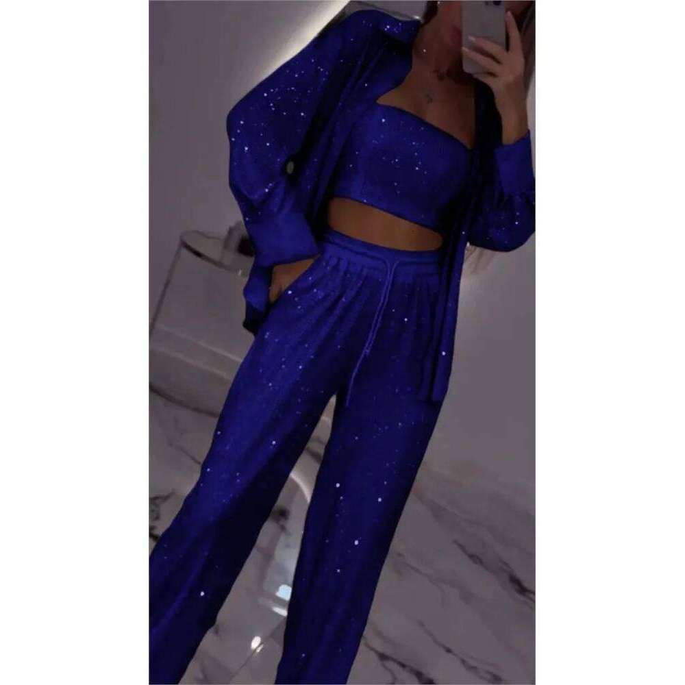 2025 Spring New Fashion Sequin Women 3 Piece Sets Elegant Club Party Multi-color Outfit Casual Lapel Shirt Wide Leg Pant Set