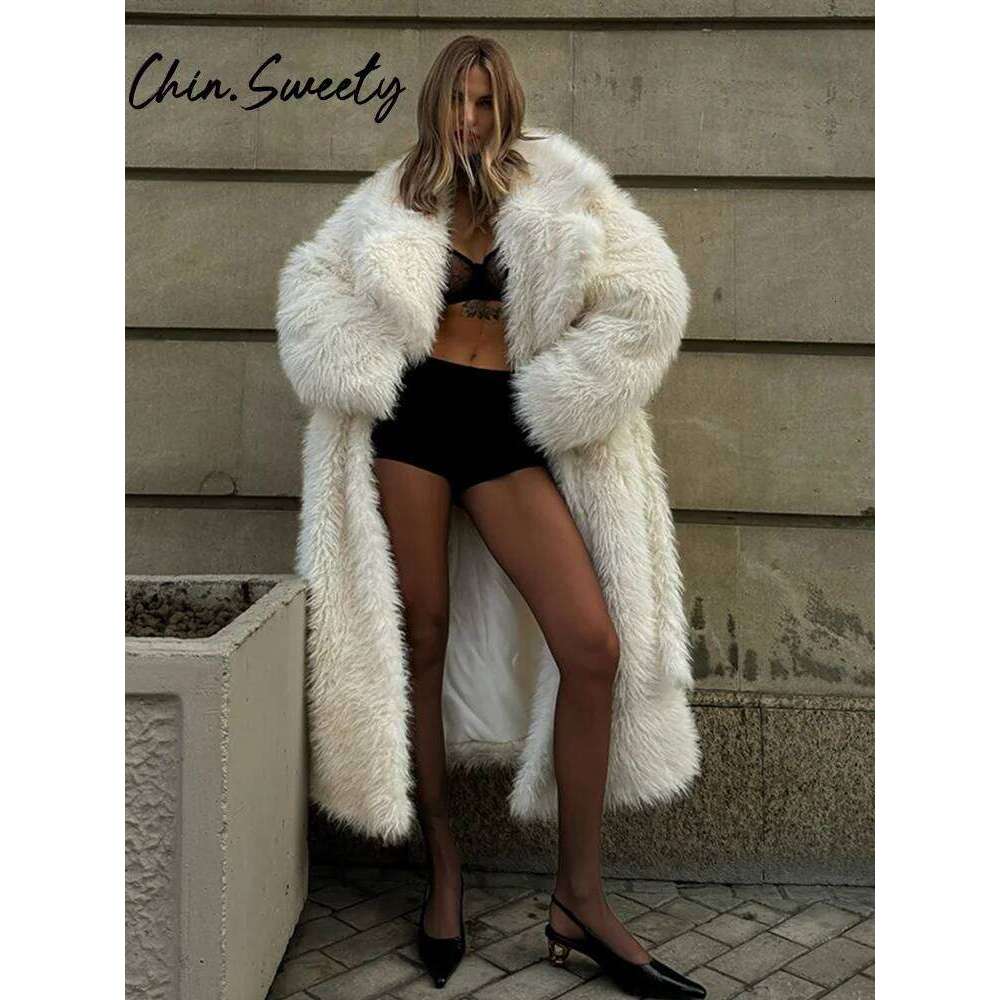 Casual Belt Faux Fur Long Women Coat Urban Full Sleeve Lapel Pocket Thicken Female Streetwear Winter Elegant Lady Outwear luanyun